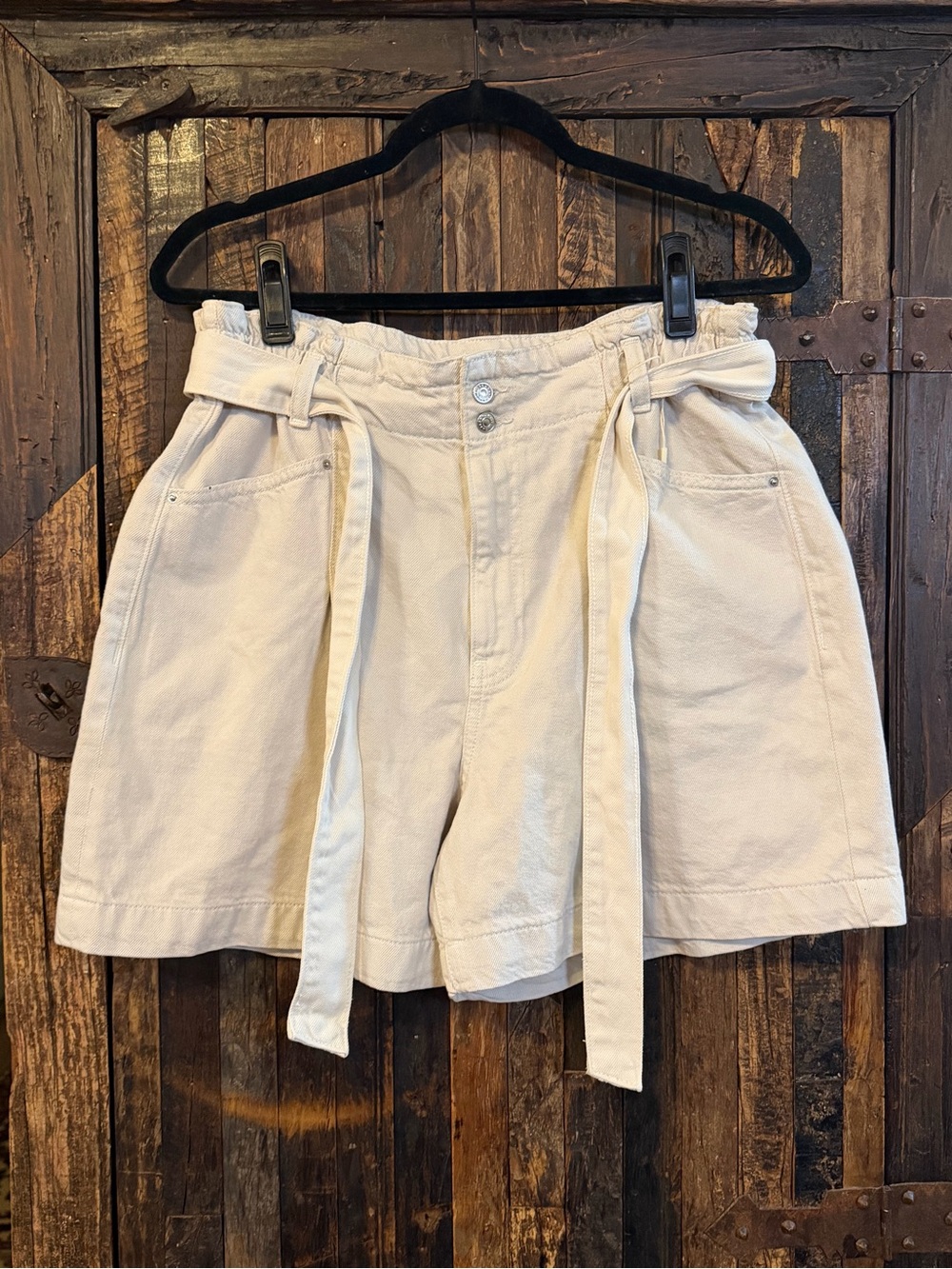 MNG Denim Paperbag Shorts XL Ecru Cream High Rise Belted Cotton utility hi rise